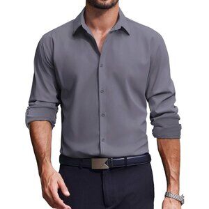 Coofandy Men Solid Dark Grey Long Sleeve Button Down Regular Fit Business Shirt